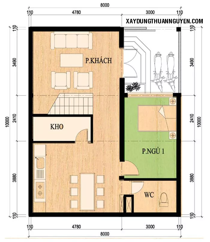 mẫu nhà 2 tầng 8x10m